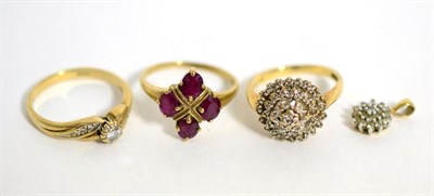 Lot 95 - A 9 carat gold ruby ring, a 9 carat gold diamond cluster ring, a 9 carat gold solitaire diamond...