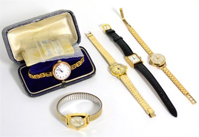 Lot 99 - Three 9 carat gold lady's wristwatches signed Rotary, Cyma and Timor and two other lady's...