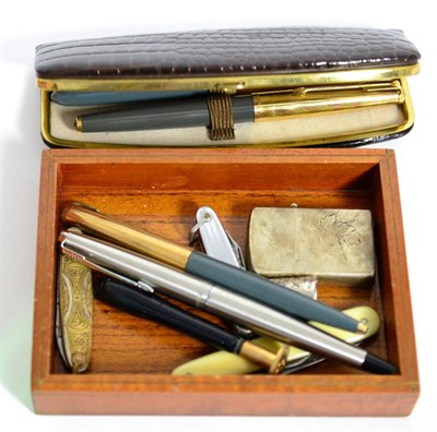 Lot 114 - Miscellaneous including a Sterling lighter, pens including Parker examples; a silver thimble...