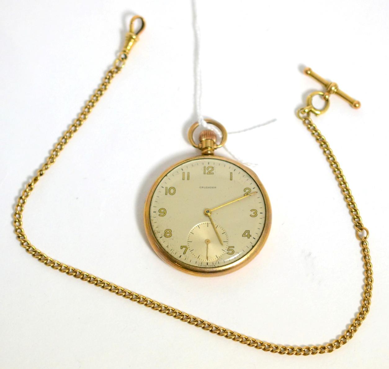 Lot 115 - A gold plated Crusader gent's open-face pocket watch on fifteen carat chain, approx fourteen grams