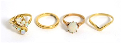 Lot 118 - A 9 carat gold opal cluster ring, finger size M1/2, a 9 carat gold band ring, finger size J, a...