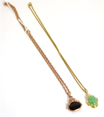 Lot 124 - A 9 carat gold malachite and onxy swivel fob on chain and a jade pendant on chain (2)