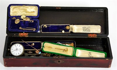 Lot 125 - A collection of assorted stick pins including gold examples; a pair of 9 carat gold cufflinks;...