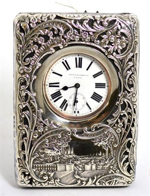 Lot 137 - A silver mounted easel travelling pocket watch stand, Birmingham 1899, decorated with peacocks in a