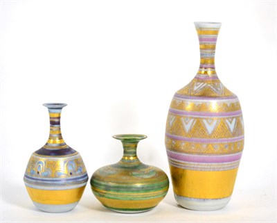 Lot 143 - Three studio pottery porcelain vases by Mary Rich with gilt decoration, the largest 16cm high