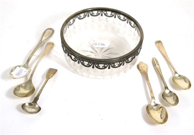 Lot 145 - A Russian silver mounted glass bowl (crack to glass); and a small quantity of silver spoons