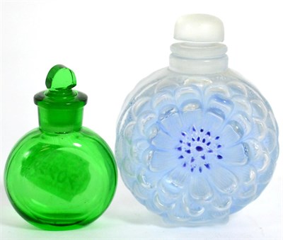 Lot 150 - Lalique glass scent, flask and stopper and green glass scent flask and stopper