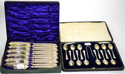 Lot 155 - A set of cased silver teaspoons and sugar tongs and a cased set of Irish silver plated fish...