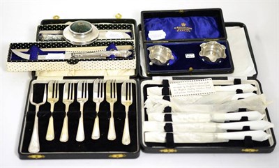 Lot 157 - A cased pair of silver salts, silver handled tea knives, silver pin cushion, plated cake forks etc