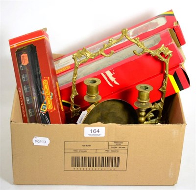 Lot 164 - Five Hornby railway train models in boxes, brass gong and a pair of brass candlesticks