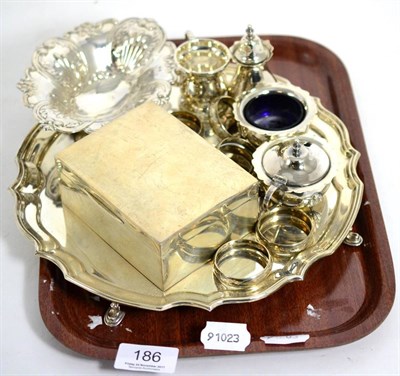 Lot 186 - A quantity of silver to include: a salver; cigarette box; dish etc; and a quantity of Onieda...