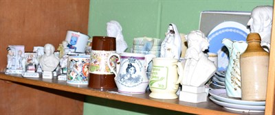 Lot 196 - A quantity of Coronation commemorative mugs, Dickins Parian figure bust, two Laura Knight mugs,...