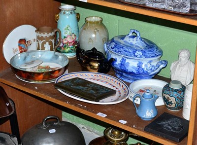 Lot 198 - Assorted ceramics to include: a Spode soup tureen and cover (crack); a lustre ware tobacco jar;...