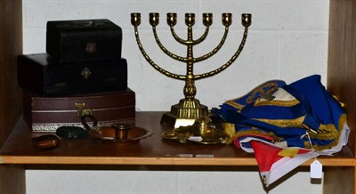 Lot 212 - A masonic apron and cuffs marked East Lancashire, warming pan, three jewellery boxes etc