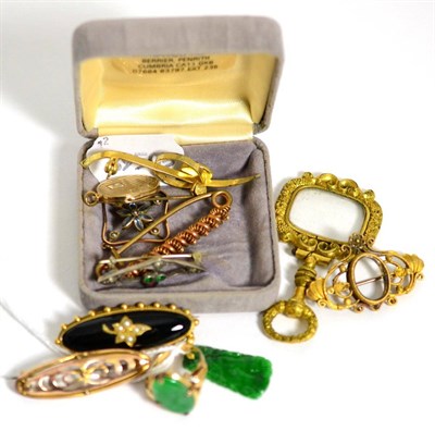 Lot 245 - A Chinese yellow metal and jade ring and pendant; together with various 19th/20th century brooches