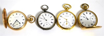 Lot 246 - Two gold plated full hunter pocket watches, a silver pocket watch and a gold filled Garrard...