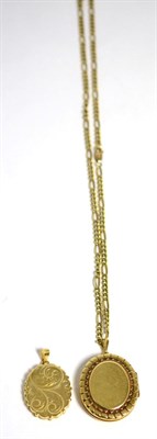 Lot 253 - A large locket pendant on a 9 carat gold chain and a 9 carat gold locket pendant (2)