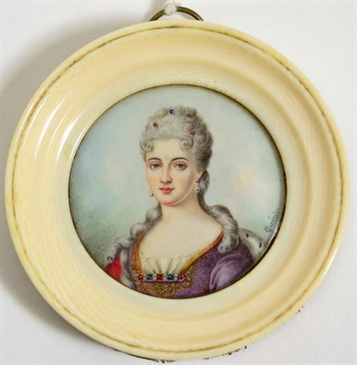 Lot 263 - After Jean Urbain Guerin: A miniature bust portrait of a late 18th century lady, 4cm circular,...