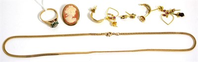 Lot 270 - A 9 carat gold snake chain, three pairs of earrings, a cameo brooch and a 9 carat gold emerald...