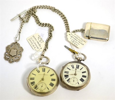 Lot 276 - Two silver pocket watches, silver curb linked chain with attached silver medal and a silver pleated