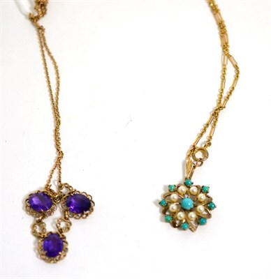 Lot 281 - A 9 carat gold turquoise and pearl pendant on chain and a 9 carat gold amethyst necklace (2)