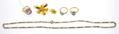 Lot 288 - Three 9 carat gold paste set rings, a gilt orchid brooch and a pair of earrings