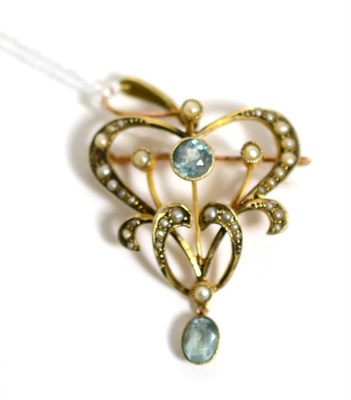 Lot 289 - An Art Nouveau aquamarine and seed pearl pendant (with losses to the seed pearls), stamped '9CT'