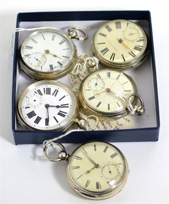 Lot 295 - Four silver pocket watches and another pocket watch with case stamped 0.935 (5)