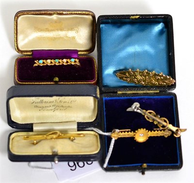 Lot 296 - A diamond brooch, a turquoise and pearl brooch and three other brooches