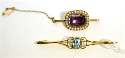 Lot 299 - A foil backed amethyst and seed pearl brooch, on a later 9 carat gold bar, and a doublet set...