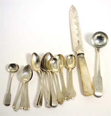 Lot 308 - Set of George III teaspoons; further teaspoons; Scottish silver toddy ladle; and a Victorian silver