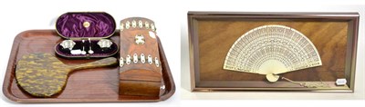 Lot 317 - A cased set of two silver salts and spoons, a burr walnut veneered jewellery box, an ivory...