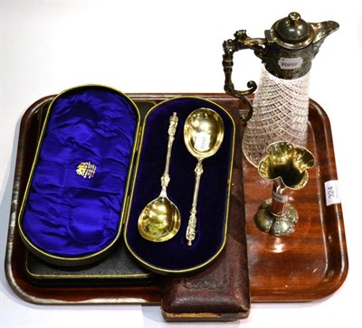 Lot 324 - Plated wares including claret jug, three cased sets of serving cutlery and a single vase