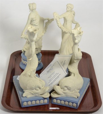 Lot 337 - A group of Wedgwood collectables including a pair of limited edition Jasper ware dolphin form...