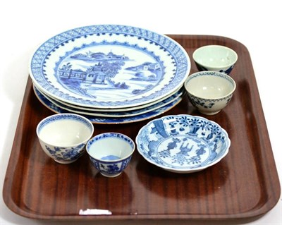 Lot 349 - Four 18th century Chinese blue and white plates, four tea bowls and a saucer