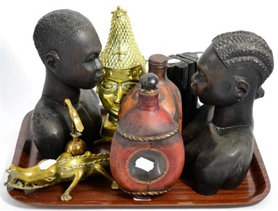 Lot 357 - A Benin brass ";Queen Mother"; bust, two decanters, four African carvings, a brass crocodile...