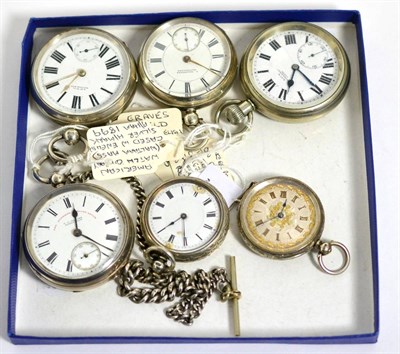 Lot 366 - Three silver pocket watches, two silver fob watches and a nickel plated pocket watch