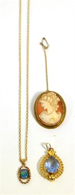 Lot 367 - A 9 carat gold mounted cameo brooch, a 9 carat gold opal set pendant on gold chain stamped 750...