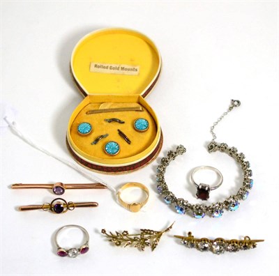 Lot 382 - Two amethyst brooches, a seed pearl brooch, various paste brooches, a signet ring and other rings