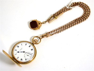 Lot 392 - A 9ct gold full hunter pocket watch signed J W Benson, London, with 9ct gold double Albert...