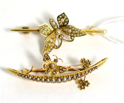 Lot 408 - Two seed pearl set butterfly brooches