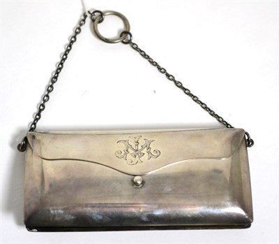 Lot 414 - Sampson Mordan & Co silver purse with green leather lining and chain link handle, initialled JM