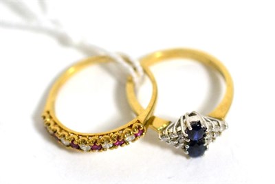 Lot 420 - A 9 carat gold sapphire and diamond cluster ring, finger size L and a 9 carat gold ruby and diamond