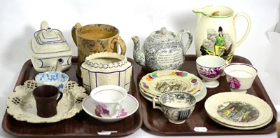 Lot 439 - A group of English 19th century ceramics including: a creamware Tarleton commemorative jug; nursery