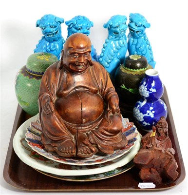 Lot 443 - A quantity of Oriental items including two pairs of turquoise glazed Fo Dogs, a carved wood Buddah