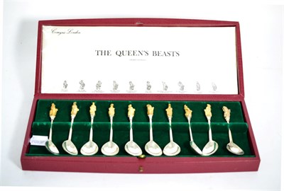 Lot 470 - The Queens Beasts Spoons, a set of ten parcel gilt spoons, numbered 1180/2000, 1972, in fitted case