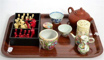 Lot 476 - Yixing teapot, a late 19th century ivory chess set, and ivory box, circa 1900, and famille...