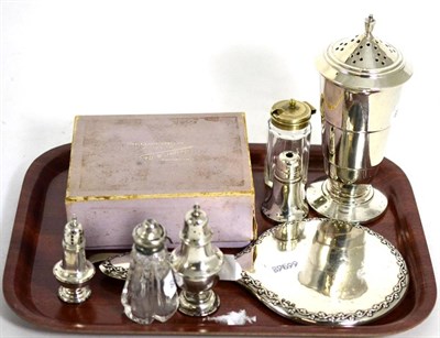 Lot 495 - An Art Deco silver and bakelite sugar castor, Birmingham 1932 with other items (8)