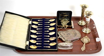 Lot 504 - A cased set of twelve silver coffee spoons and other silver wares including Chatelaine clip,...