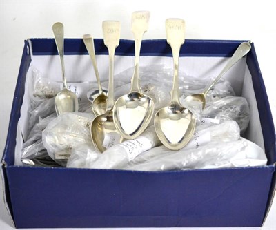 Lot 505 - Three Georgian silver fiddle pattern tablespoons; six various silver teaspoons; a pair of Victorian